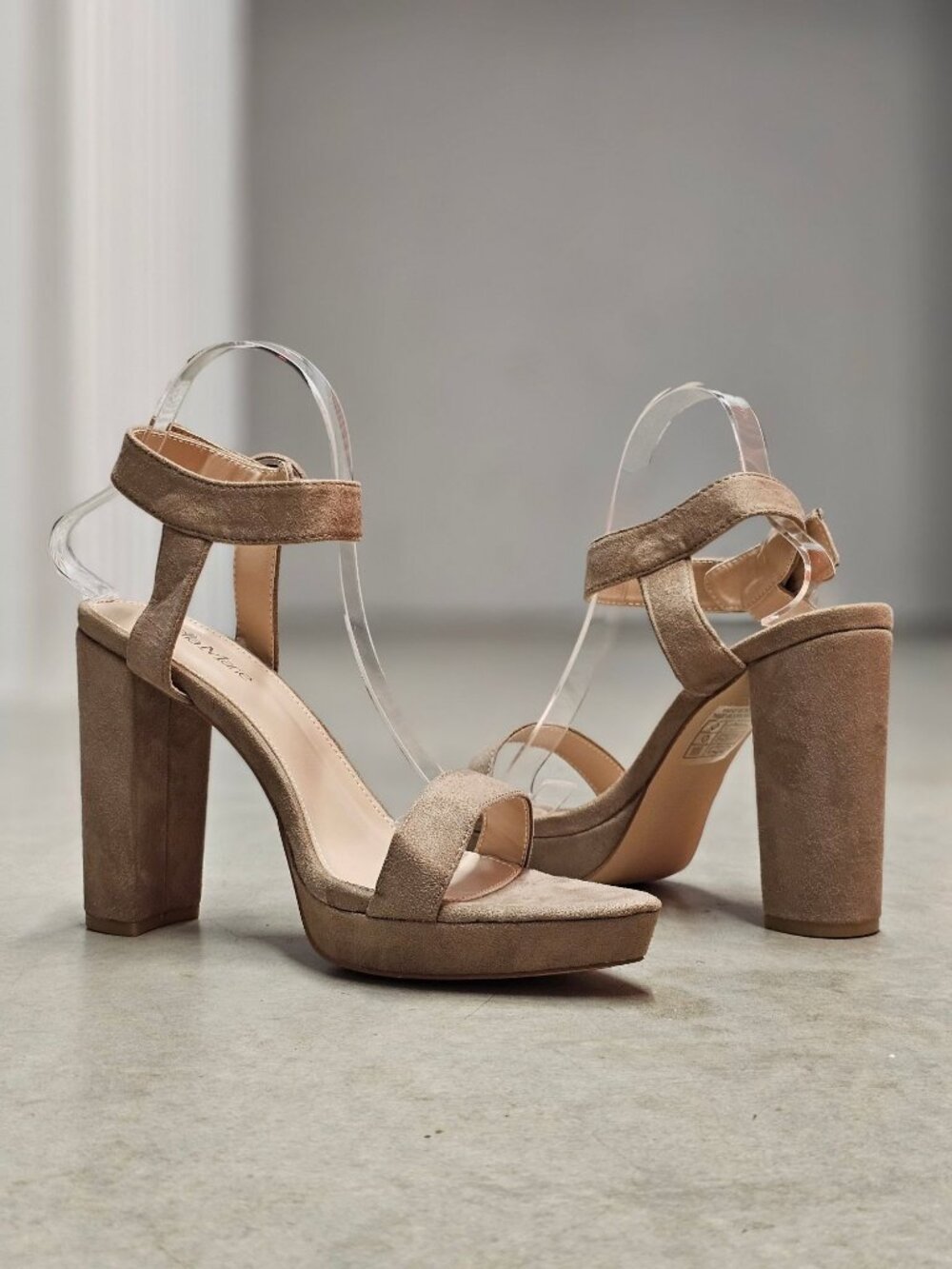 Taupe Faux Suede Block Heel Platform Sandals With Ankle Strap For Women